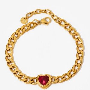 Gold Heart Bracelet with Red Gemstone